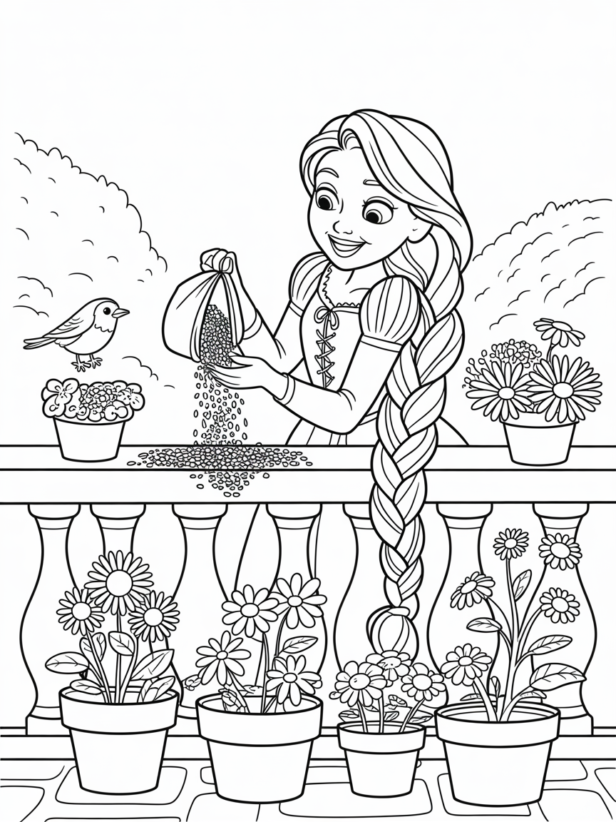 Rapunzel creating miniature gardens with magic seeds - Free Coloring Page