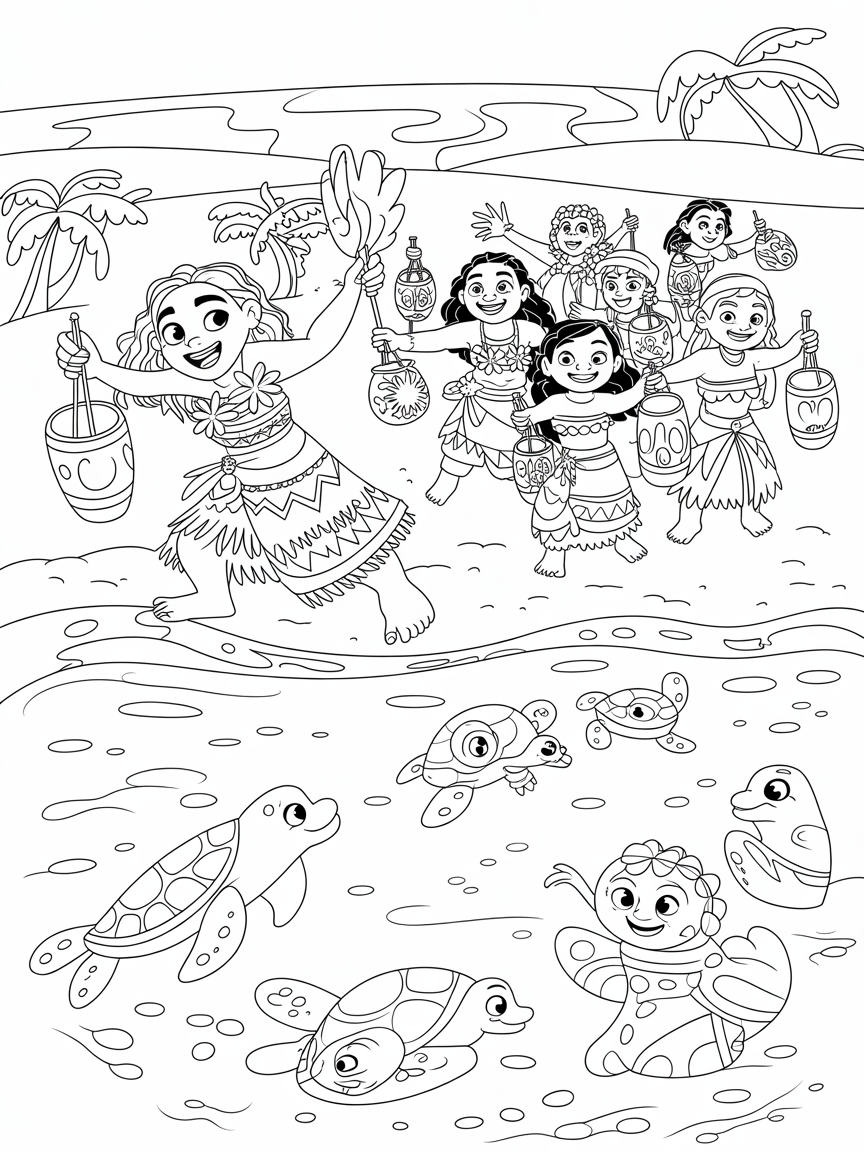 Moana leading a festival of bioluminescent tides - Free Coloring Page