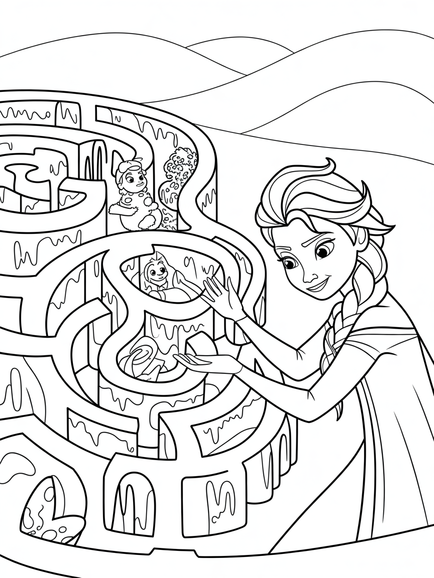 Elsa sculpting an enchanted maze of northern lights - Free Coloring Page