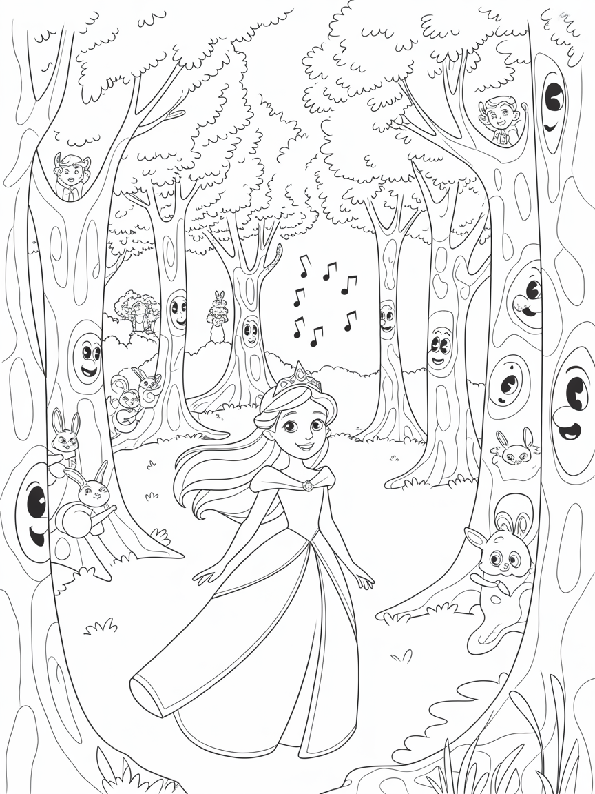 Princess Elena discovering a secret forest of musical trees - Free Coloring Page