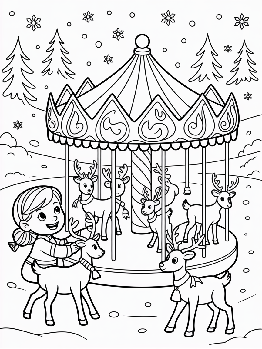 Anna designing an enchanted ice carousel for reindeer - Free Coloring Page
