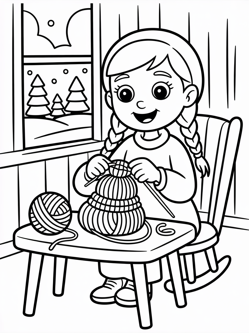 Anna knitting cozy hats with enchanted yarn - Free Coloring Page