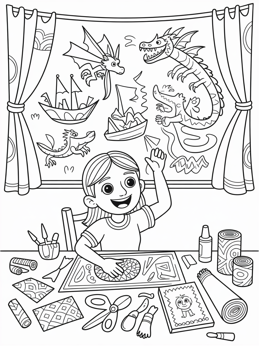 Raya designing an elaborate shadow puppet theater - Free Coloring Page