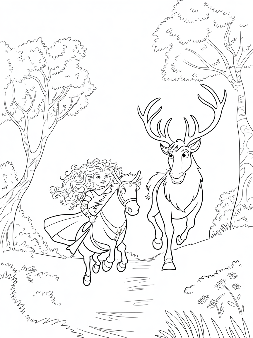Merida racing enchanted deer in a forest clearing - Free Coloring Page