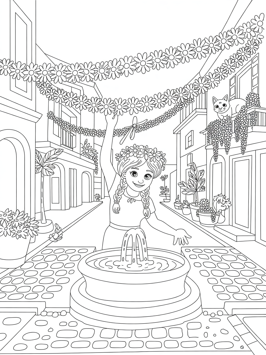 Esméralda decorating a plaza with vibrant flower garlands - Free Coloring Page