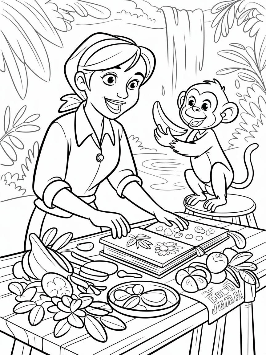 Jane Porter assembling a jungle nature-inspired cookbook - Free Coloring Page