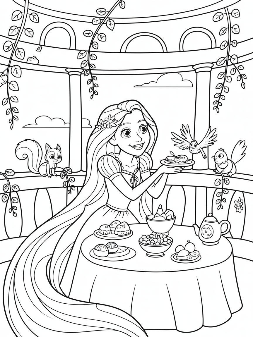 Rapunzel hosting a whimsical sunrise brunch in her tower - Free Coloring Page
