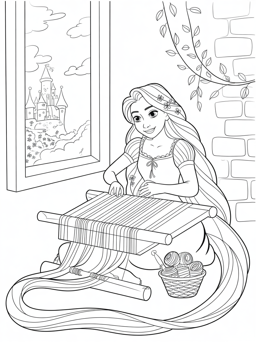 Rapunzel creating a tapestry with magical threads - Free Coloring Page