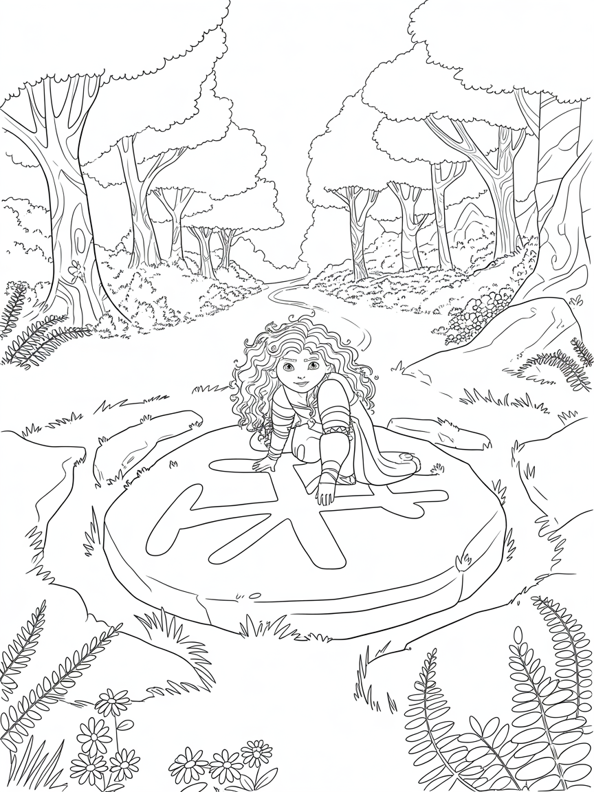 Merida discovering ancient runes in a forest circle - Free Coloring Page