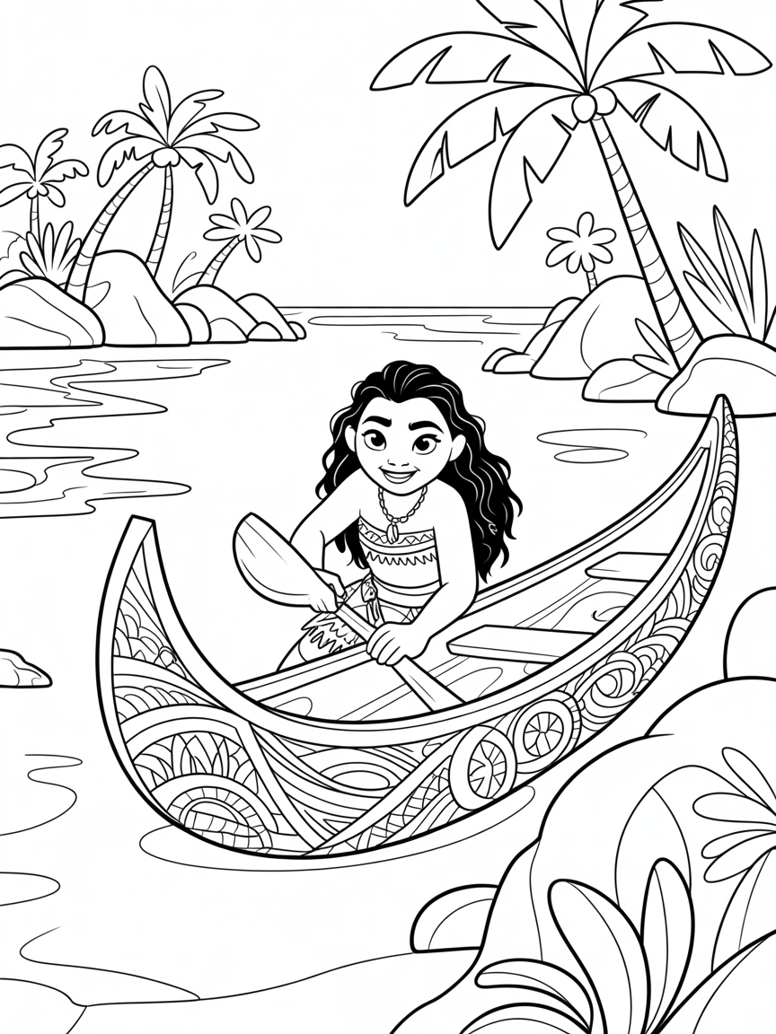 Moana constructing a canoe out of enchanted wood - Free Coloring Page