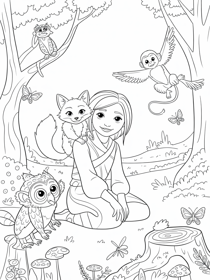 Raya learning to communicate with mystical forest animals - Free Coloring Page