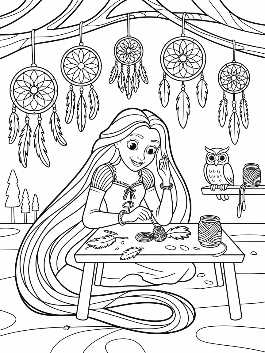 Rapunzel crafting dreamcatchers with magical hair - Free Coloring Page