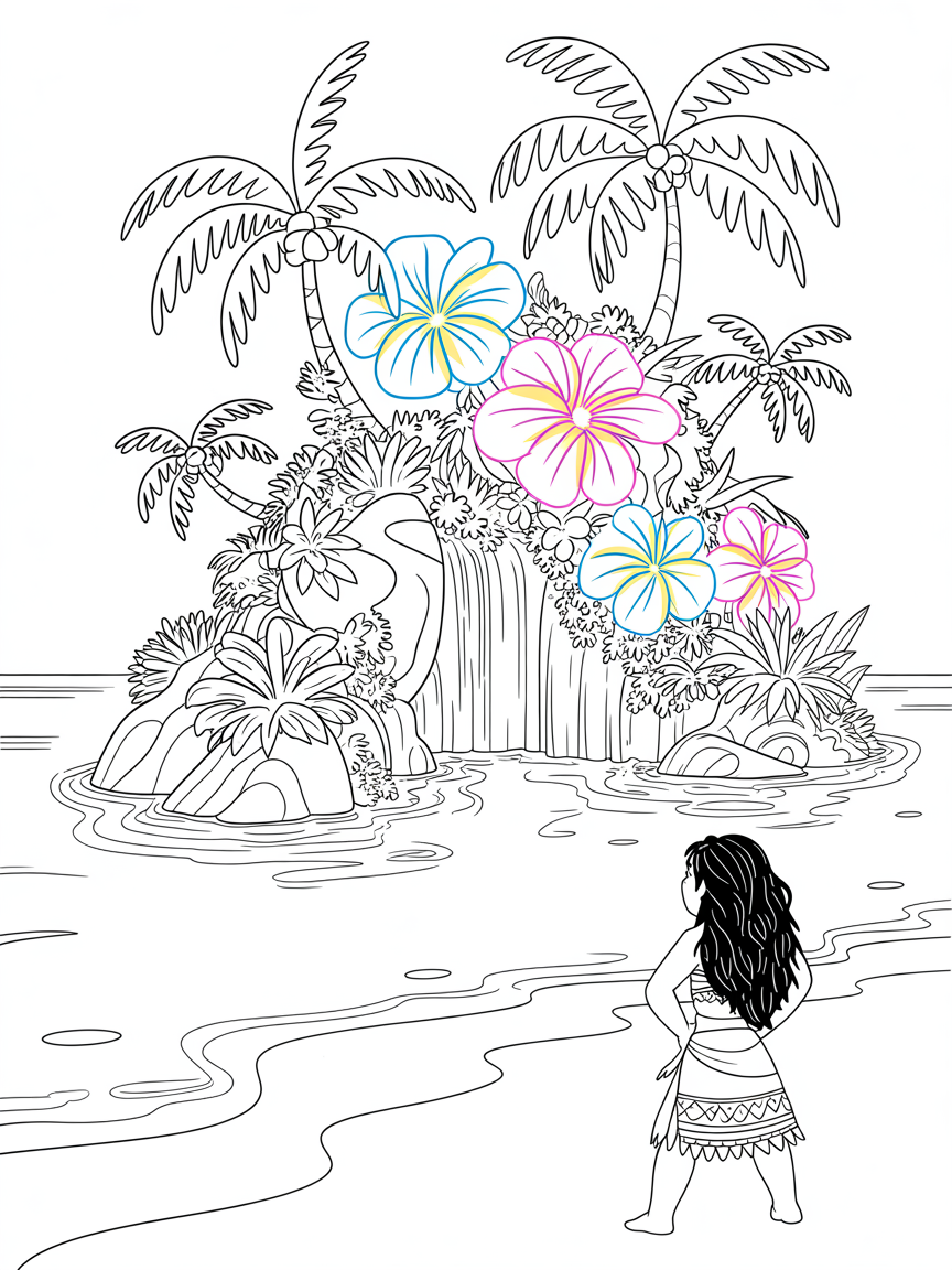 Moana discovering a hidden island with glowing flowers - Free Coloring Page