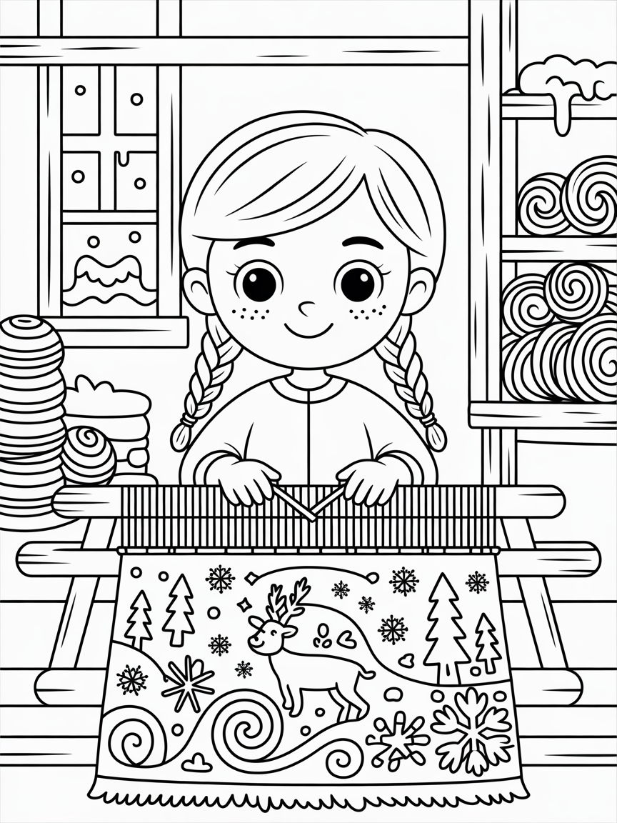 Anna weaving a magical winter tapestry with snowflakes - Free Coloring Page
