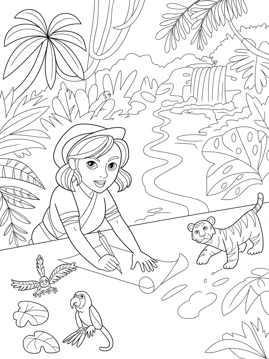 Jane Porter mapping a jungle trail with animal footprints - Free Coloring Page