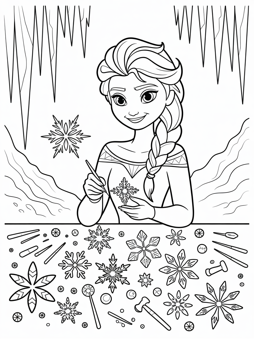 Elsa designing a shimmering snowflake jewelry collection - Free Coloring Page