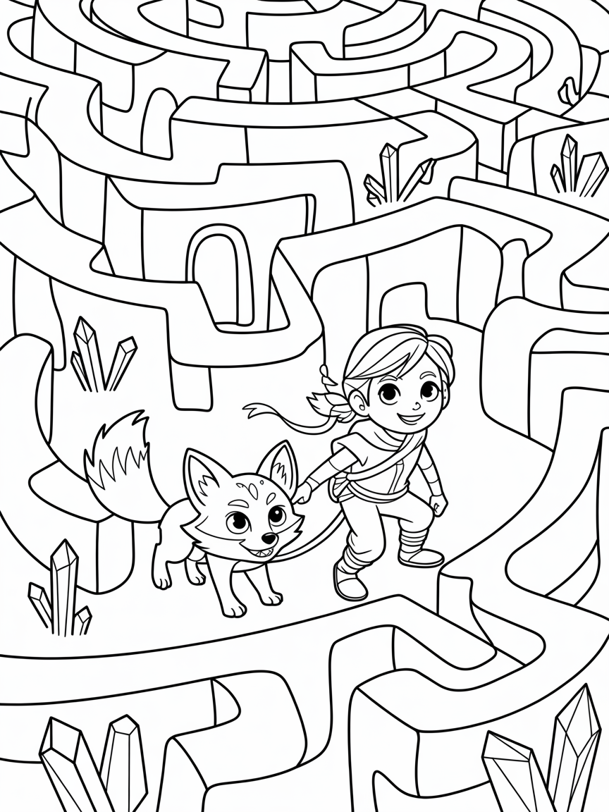 Raya guiding a mystical fox through an ancient labyrinth - Free Coloring Page