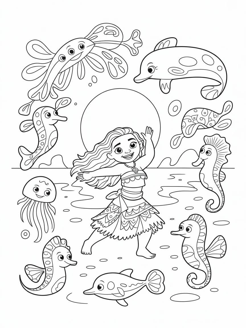 Moana dancing with luminescent sea creatures under the moonlight - Free Coloring Page