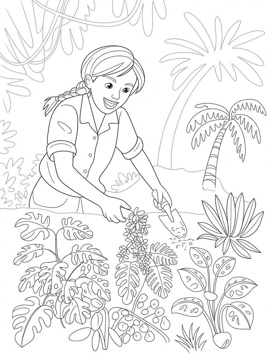 Jane Porter collecting rare jungle plants for an art exhibit - Free Coloring Page