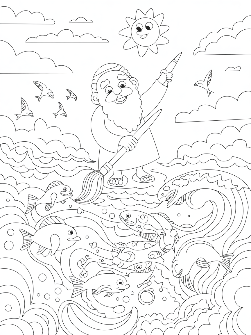 God painting the vibrant oceans and skies - Free Coloring Page