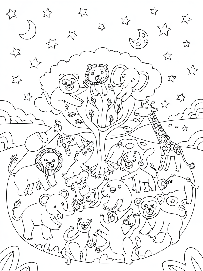 Animals joyfully gathering under creation's stars - Free Coloring Page