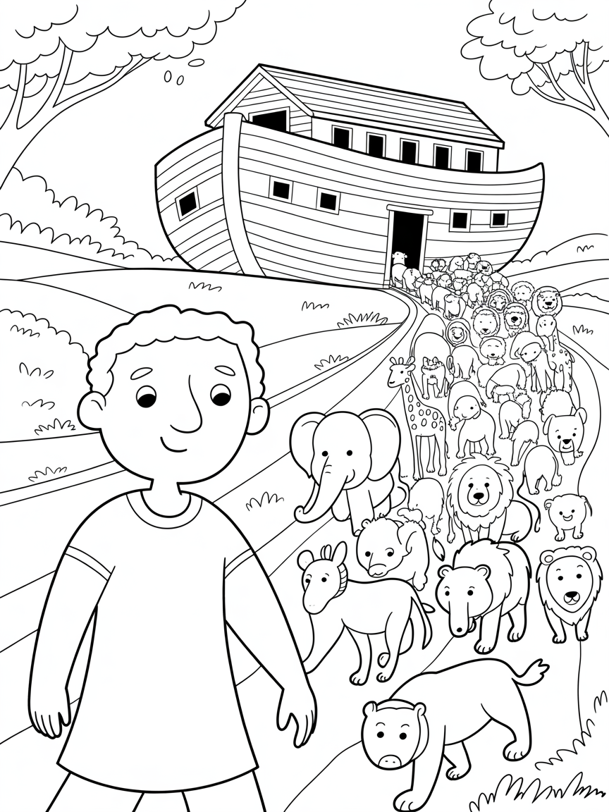 Noah guiding animals onto a giant wooden ark - Free Coloring Page