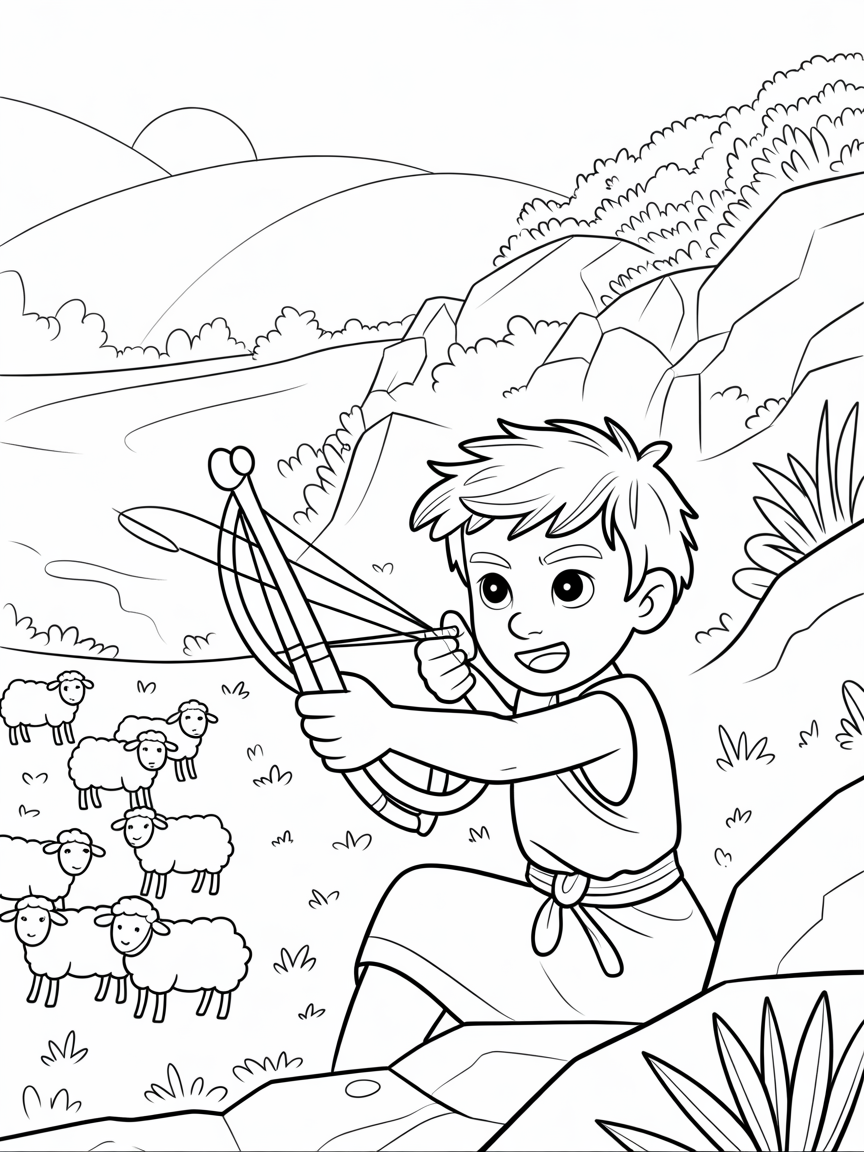 David lining up his slingshot at dawn - Free Coloring Page