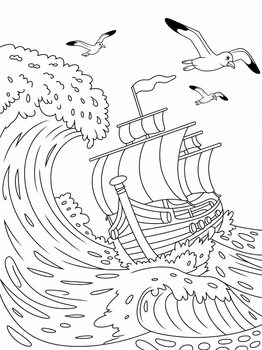 Jonah's ship tossed by a monstrous wave - Free Coloring Page