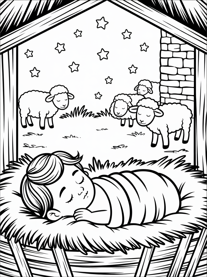 Baby Jesus lying peacefully under glowing stars - Free Coloring Page