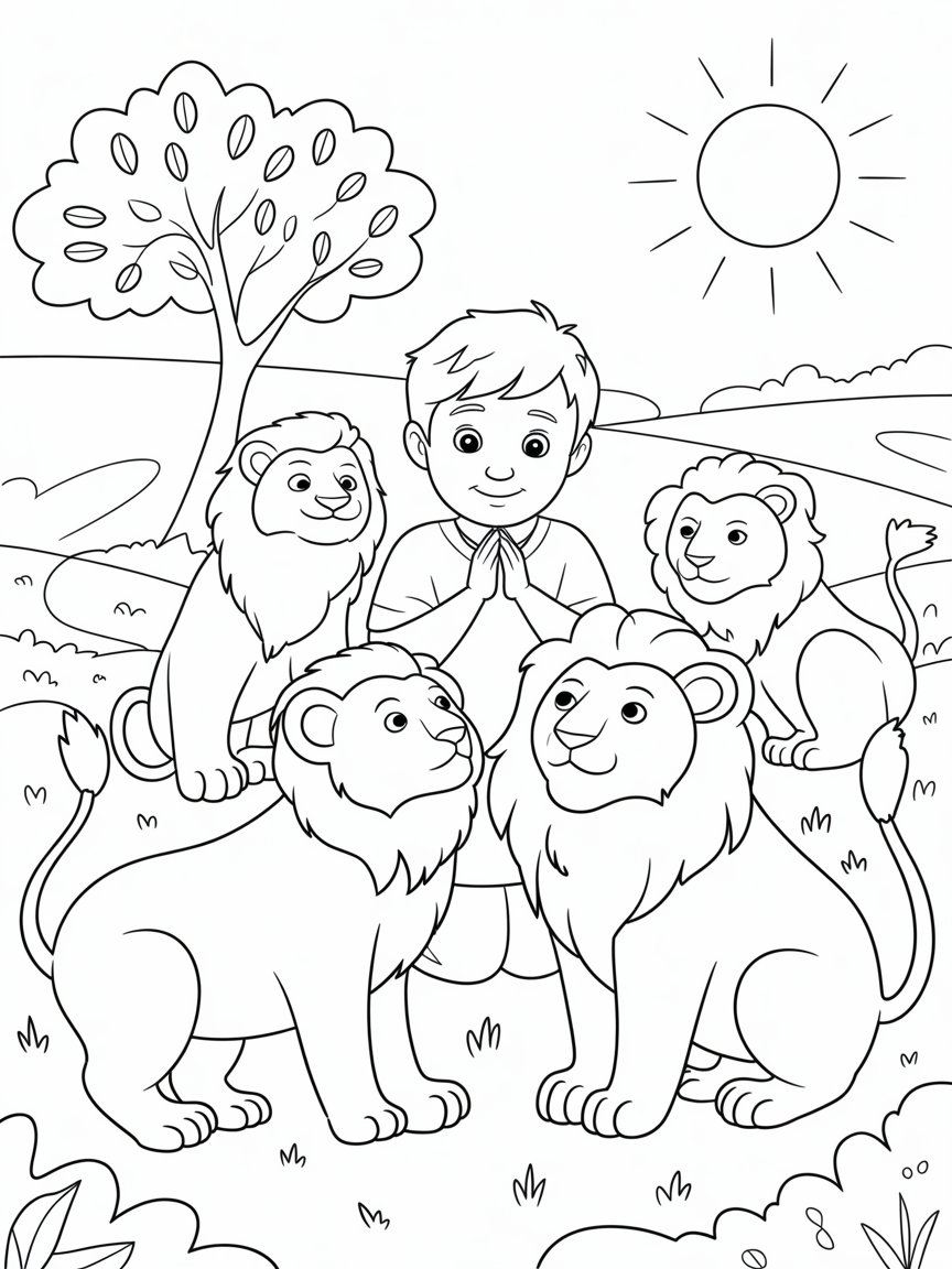 Daniel serenely praying among gentle lions - Free Coloring Page