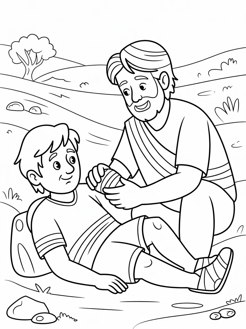 The Good Samaritan gently bandaging a traveler - Free Coloring Page