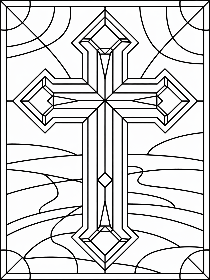 Highly detailed geometric Christian cross stained glass - Free Coloring Page