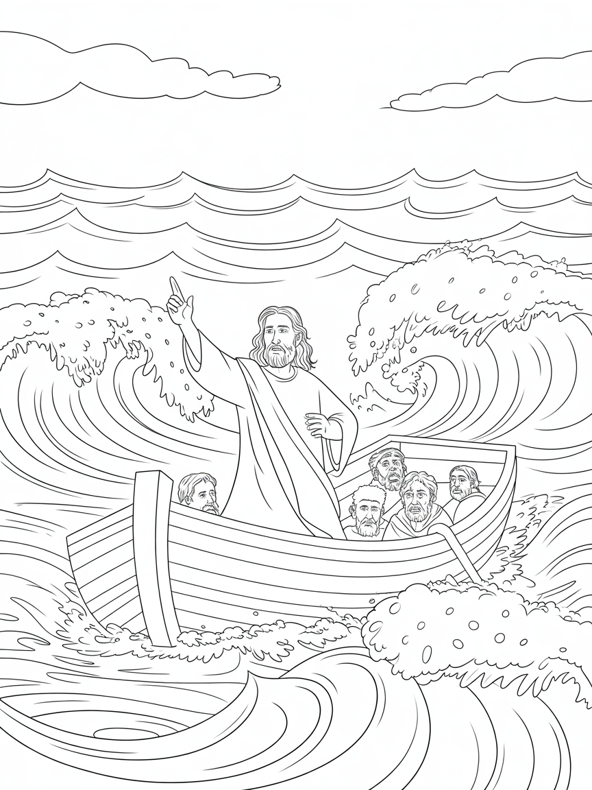 Jesus peacefully soothing a raging storm's fury - Free Coloring Page