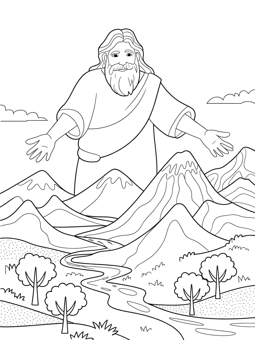 God shaping a majestic mountain landscape - Free Coloring Page