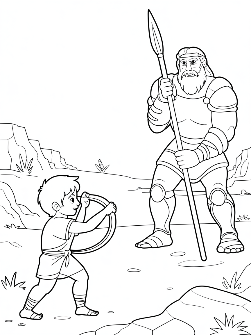 David courageously facing Goliath with a slingshot - Free Coloring Page