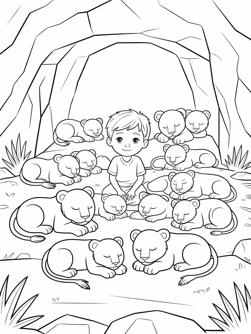 Daniel surrounded by peacefully resting lions in the den - Free Coloring Page
