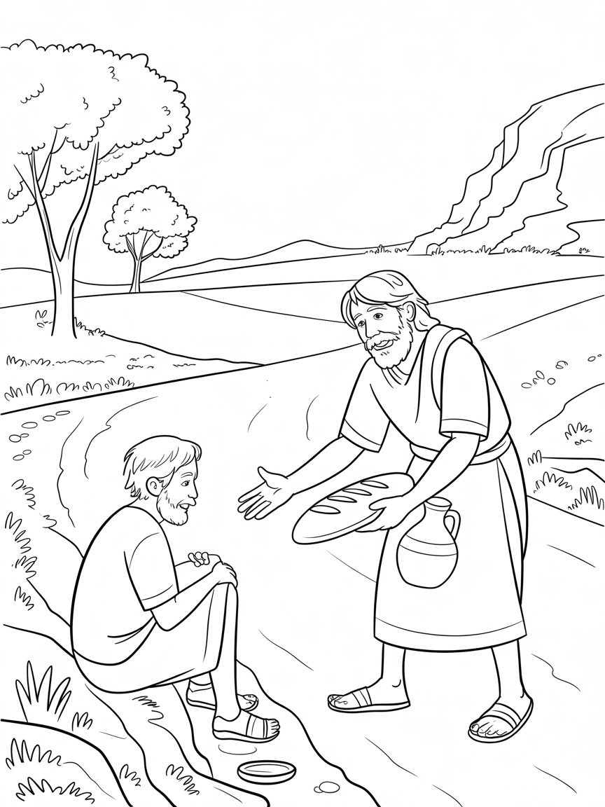The Good Samaritan offering bread and water to the traveler - Free Coloring Page