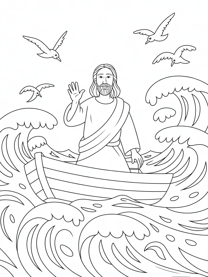 Jesus calming turbulent waters with a gentle touch - Free Coloring Page