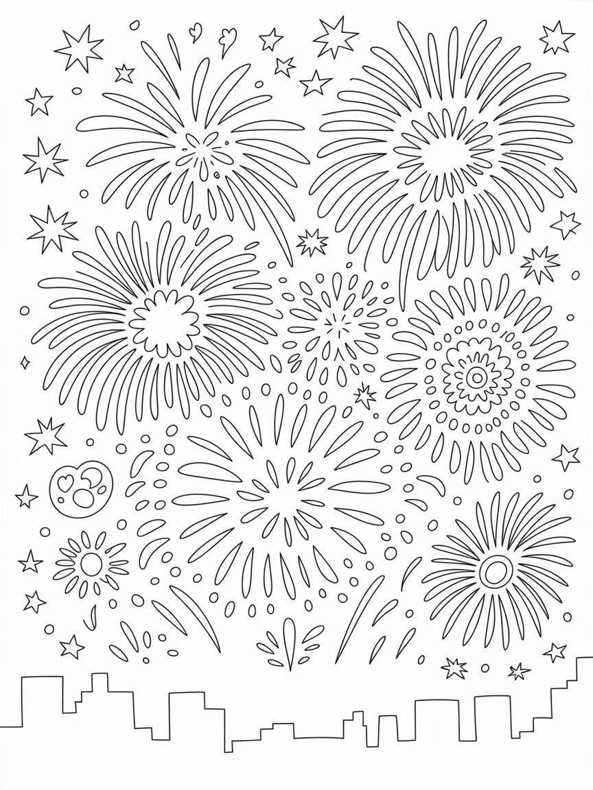 Fireworks illuminating the night sky - Free Coloring Page