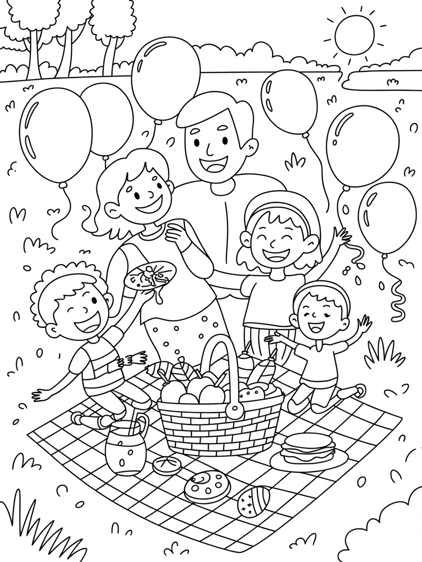 Vibrant picnic with red, white, and blue decorations - Free Coloring Page