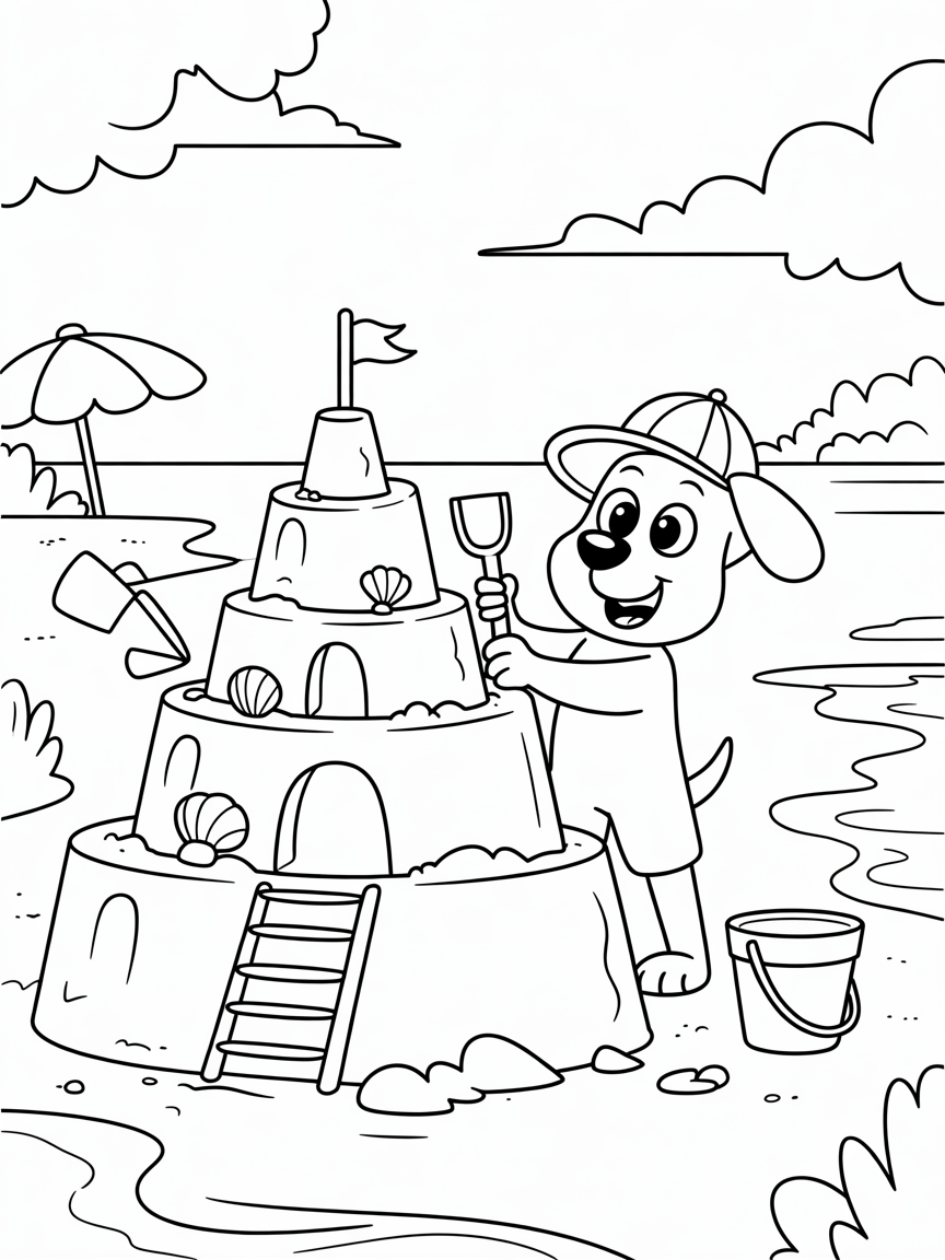 Rubble building a giant sand castle at the beach - Free Coloring Page