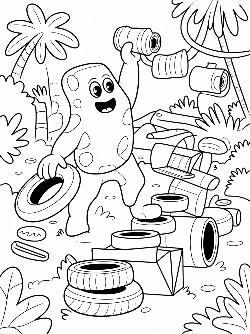Rocky recycling to create a jungle obstacle course - Free Coloring Page