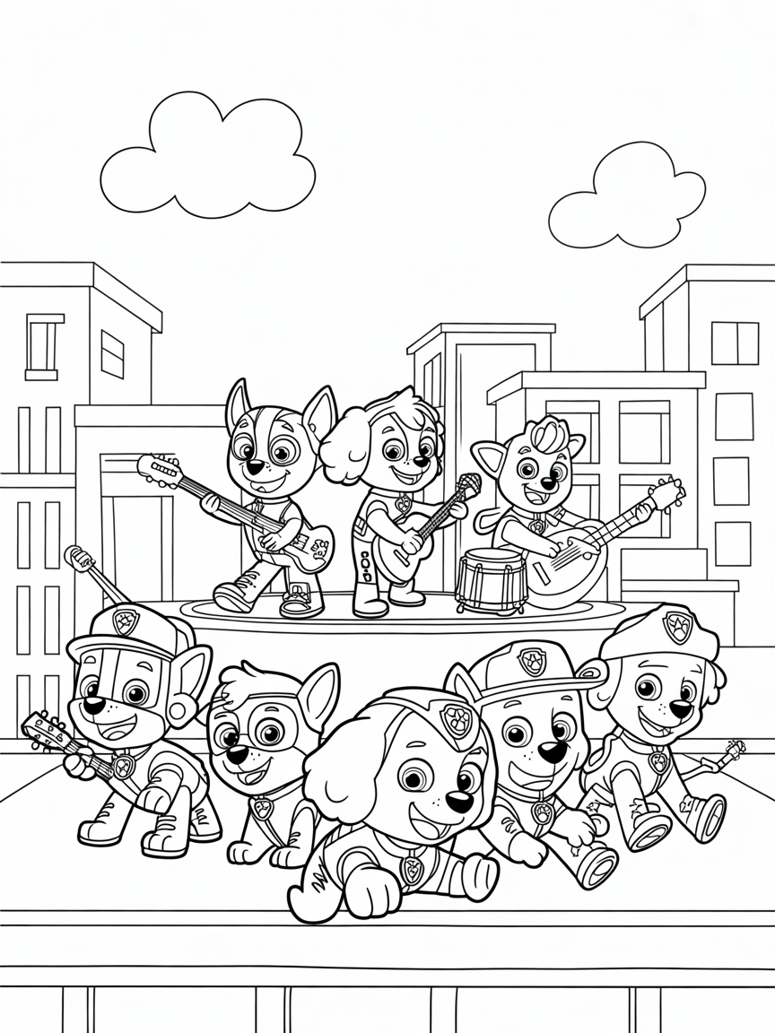 The Paw Patrol band playing at a rooftop concert - Free Coloring Page