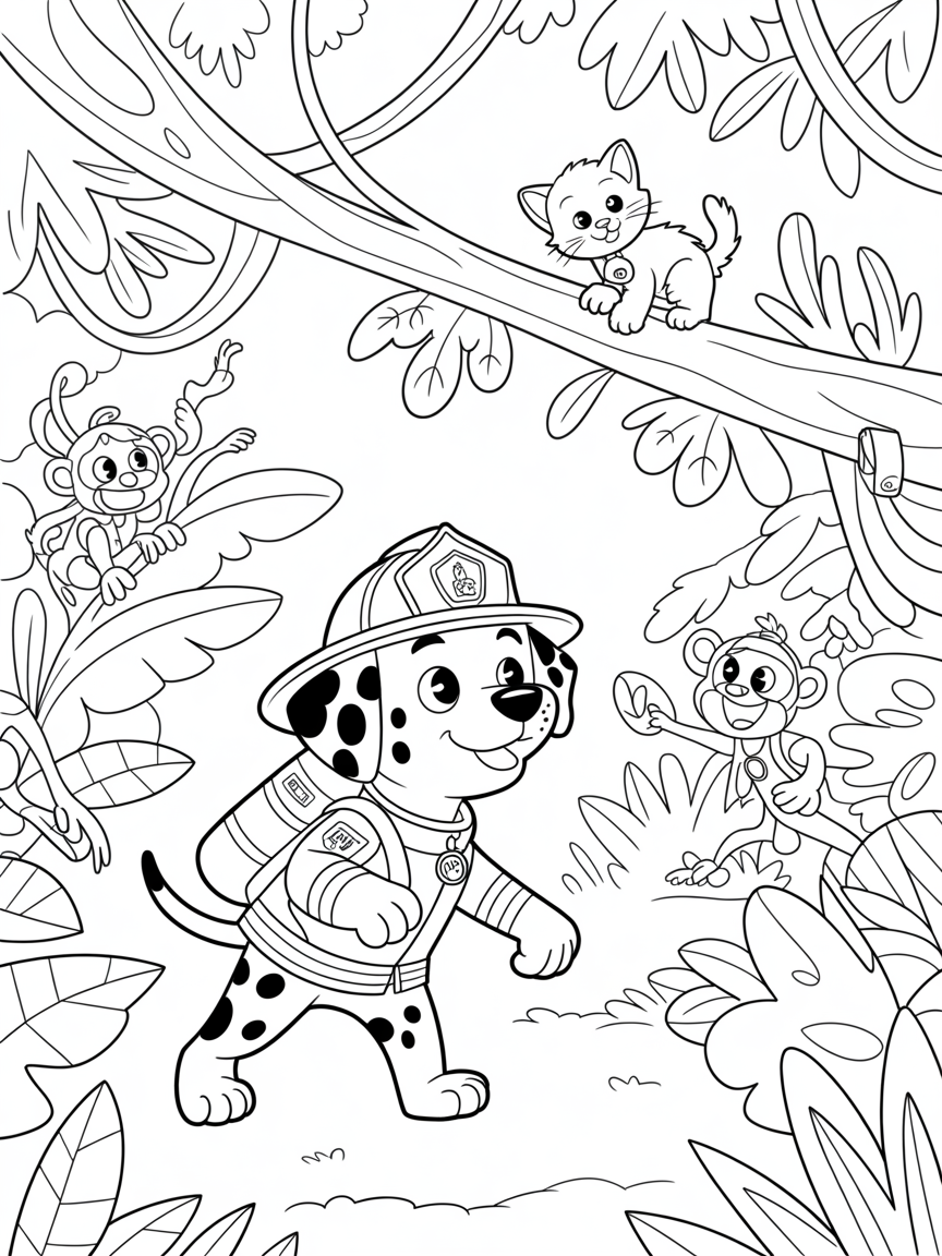 Marshall navigating a jungle to rescue a kitten - Free Coloring Page