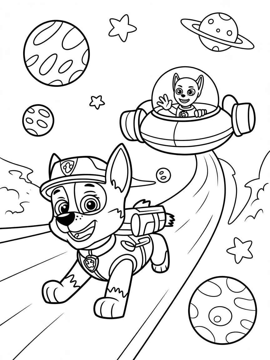 Chase leading a Paw Patrol space mission - Free Coloring Page