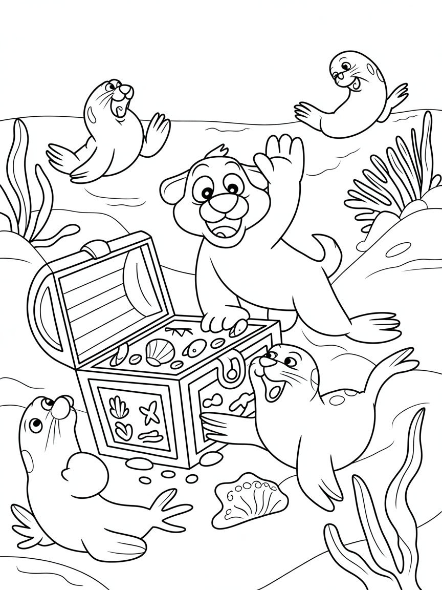Zuma discovering a sunken treasure chest with sea lions - Free Coloring Page