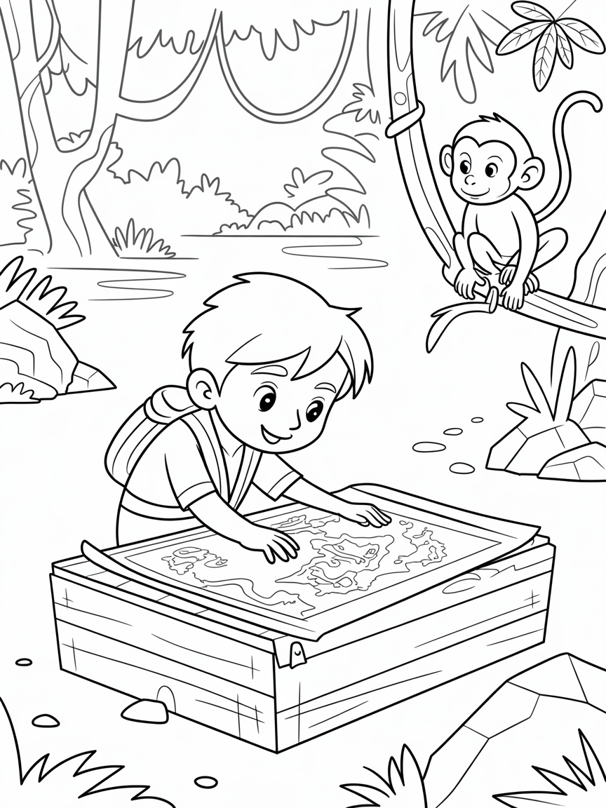 Tracker finding hidden clues on a treasure map - Free Coloring Page