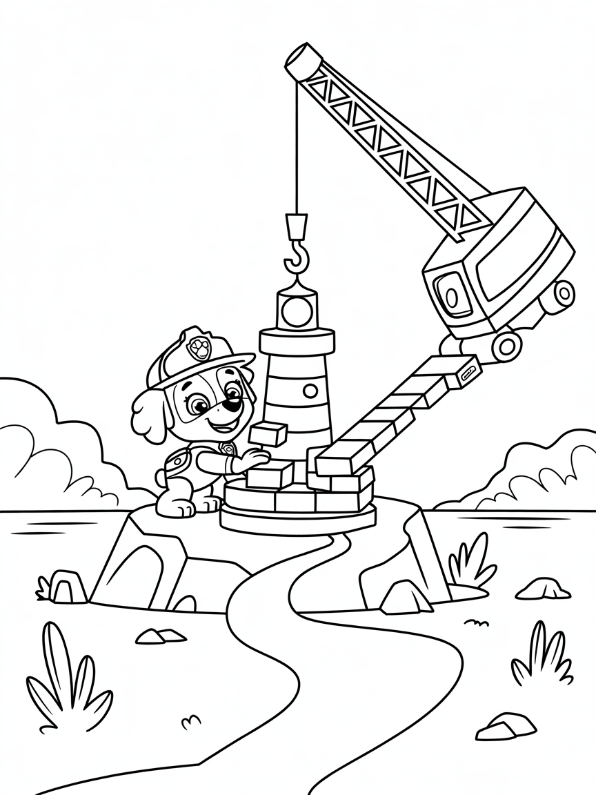 Rubble constructing a lighthouse on a misty island - Free Coloring Page