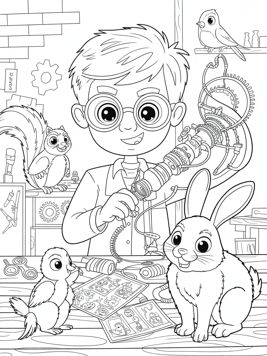 Rocky inventing a gadget to communicate with animals - Free Coloring Page