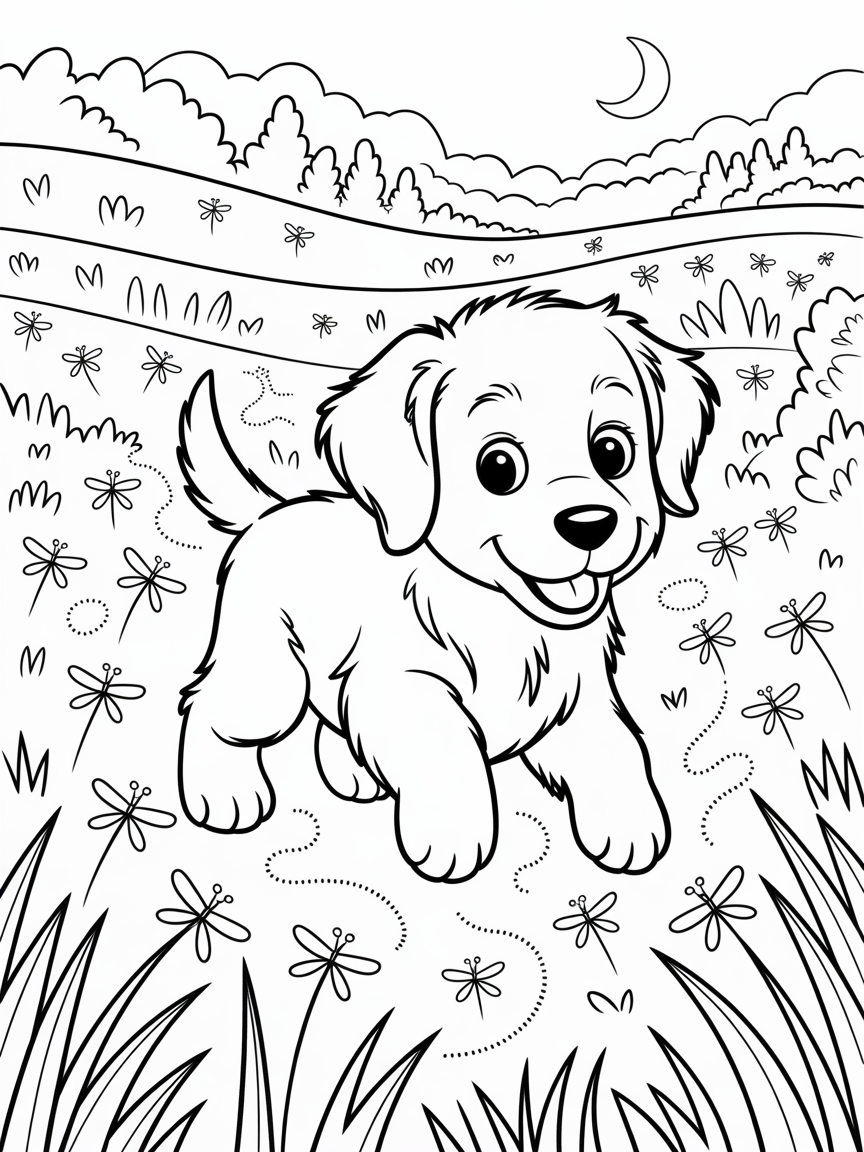Marshall exploring a glowing firefly meadow at twilight - Free Coloring Page